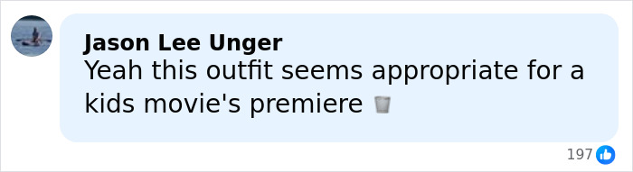 Comment by Jason Lee Unger reacting to Ice Spice's see-through dress at a kids movie premiere, sparking outrage online.