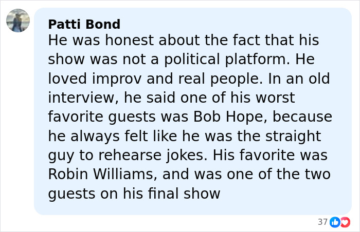 Comment discussing banned stars from the Tonight Show by Johnny Carson, mentioning guests Bob Hope and Robin Williams.