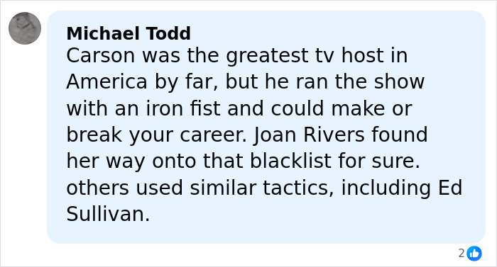 Comment discussing banned stars from the Tonight Show by Johnny Carson, mentioning Joan Rivers and Ed Sullivan.