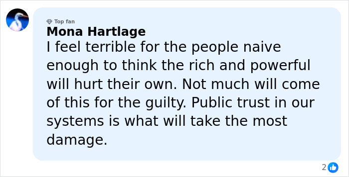 Comment by Mona Hartlage expressing concern about public trust damage related to new Epstein files revealing photos of women marked with disturbing messages. Comment by Mona Hartlage expressing concern about public trust damage related to new Epstein files revealing photos of women marked with disturbing messages.