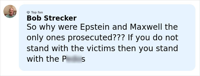 Comment by Bob Strecker questioning why only Epstein and Maxwell were prosecuted, referencing victims and disturbing messages. Comment by Bob Strecker questioning why only Epstein and Maxwell were prosecuted, referencing victims and disturbing messages.