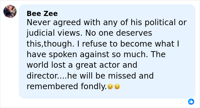 User comment expressing grief over Hollywood icon&rsquo;s passing and remembering the great actor and director fondly.