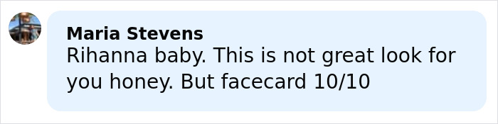 Screenshot of a social media comment reacting to Rihanna&rsquo;s red carpet look with mixed opinions and a mention of a diaper bag.
