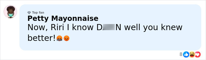 Social media comment reacting to Rihanna&rsquo;s red carpet look with impressions of a diaper bag reference.