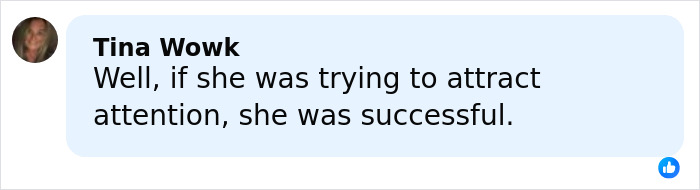 Comment by Tina Wowk reacting to Rihanna&rsquo;s red carpet look, noting successful attention attraction.