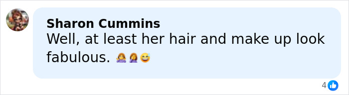 Comment from Sharon Cummins reacting to Rihanna's red carpet look mentioning her hair and makeup looking fabulous.