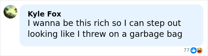 Comment about someone wanting to look rich but appearing as if wearing a garbage bag, reflecting wild reactions to diaper bag look.