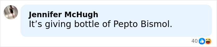 Screenshot of a Facebook comment by Jennifer McHugh saying It&rsquo;s giving bottle of Pepto Bismol about Rihanna&rsquo;s red carpet look.