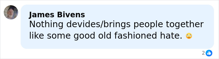 Comment by James Bivens on social media discussing division and hate related to racist Cinnabon employee incident. Comment by James Bivens on social media discussing division and hate related to racist Cinnabon employee incident.