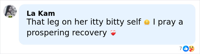 Comment about a 14YO girl with rare condition wishing her a prosperous recovery after 17 hours of surgery to remove a 174lb leg