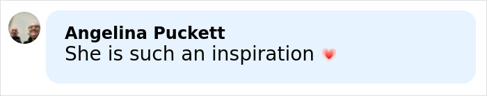 Comment saying she is such an inspiration with a red heart emoji on a light blue background.