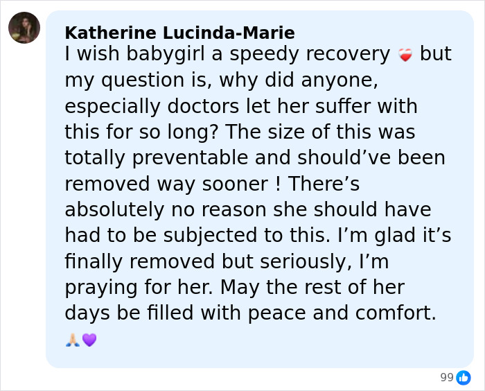 Comment expressing concern and prayers for 14YO girl with rare condition after 17-hour surgery to remove 174lb leg.
