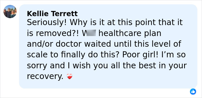 Facebook comment expressing concern and sympathy for 14YO girl&rsquo;s recovery after rare condition leg removal surgery.