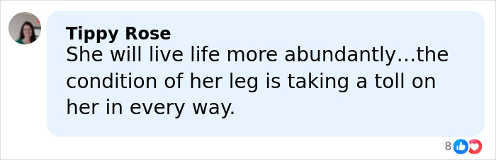 Comment by Tippy Rose expressing hope for a 14-year-old girl living with a rare leg condition.