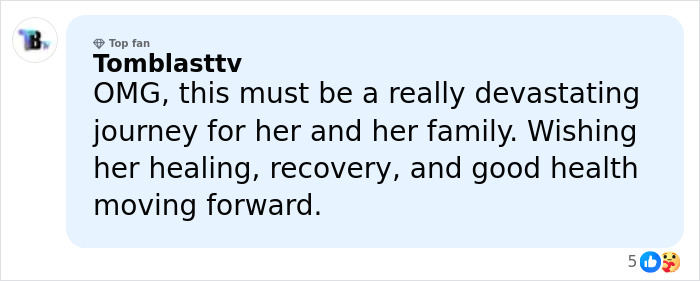 Comment expressing support and well wishes for a 14-year-old girl&rsquo;s recovery after surgery to remove a 174lb leg.