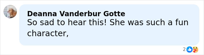 Comment from Deanna Vanderbur Gotte expressing sadness over the loss of Marvelous Mrs. Maisel actress in NYC traffic incident.