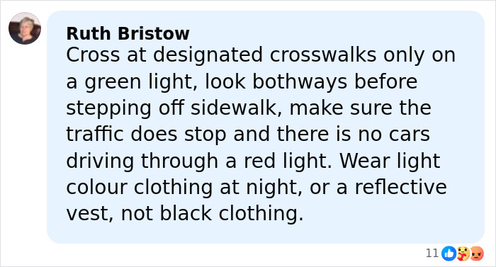 Comment by Ruth Bristow advising safe street crossing to prevent accidents involving pedestrians in NYC.
