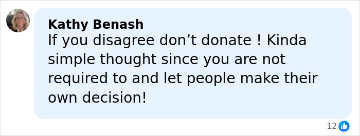 Comment by Kathy Benash advising to respect personal choice about donations, shared on social media platform.