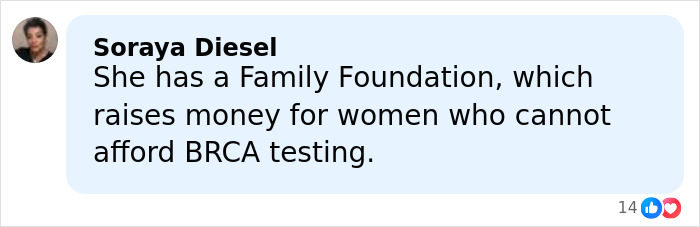 Comment by Soraya Diesel about her family foundation raising money for women needing BRCA testing, shown in a social media post.