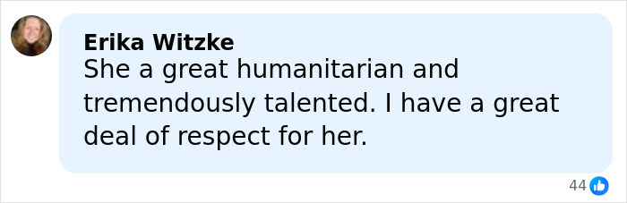 Comment praising Angelina Jolie as a great humanitarian and talented, showing respect and admiration from a social media user.