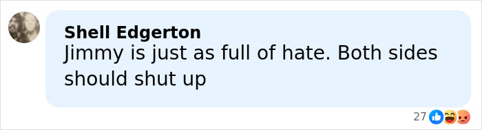 Comment by Shell Edgerton criticizing Jimmy Kimmel, displayed in a social media style text box with reaction emojis.