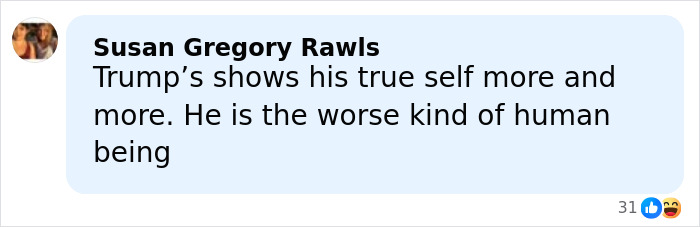 Comment from Susan Gregory Rawls criticizing Donald Trump, displayed in a social media style text box.
