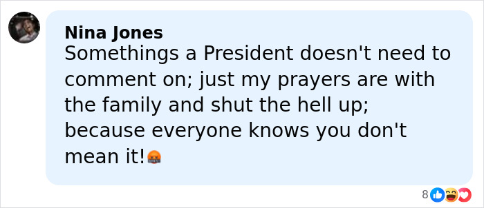 Comment section screenshot showing user Nina Jones criticizing a president&rsquo;s comments, related to Jimmy Kimmel and Donald Trump.
