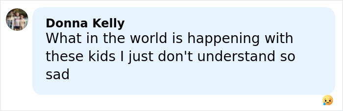 Comment expressing sadness and confusion about teen boys setting a 14-year-old girl on fire in an online post.