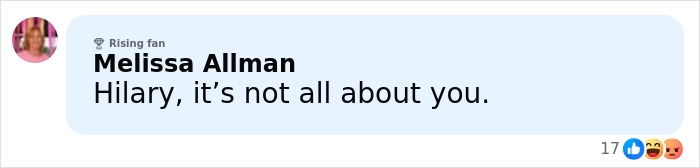 Comment from Melissa Allman criticizing Hilary Swank amid controversy over mom of terminally ill kids apology.