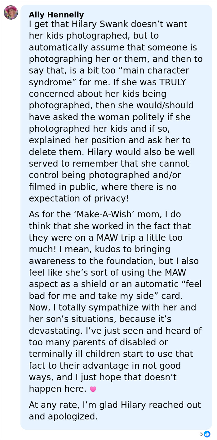 User comment discussing Hilary Swank apologizing for berating mom of terminally ill kids and public reactions.