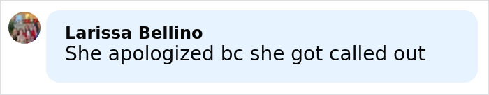 Comment from Larissa Bellino saying she apologized because she got called out, related to Hilary Swank apology controversy.