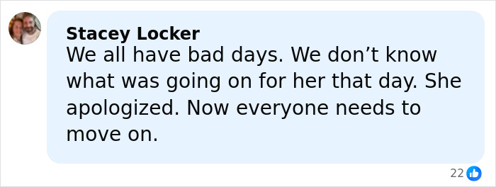 Comment from Stacey Locker discussing Hilary Swank apologizing for berating mom of terminally ill kids.