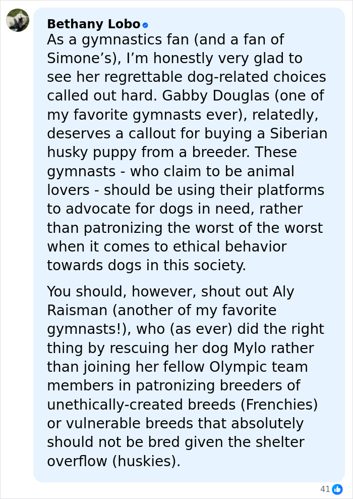 Bethany Lobo criticizes Simone Biles for allegedly buying a dog with chopped-off ears, sparking PETA backlash.