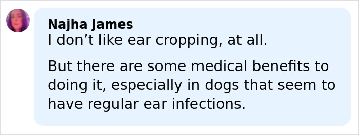 Commenter Najha James discusses ear cropping, mentioning medical benefits for dogs with frequent ear infections.