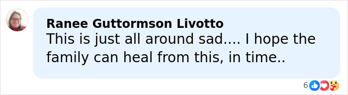 Screenshot of a Facebook comment expressing sadness and hope for family healing amid Nick Reiner hotel room report controversy