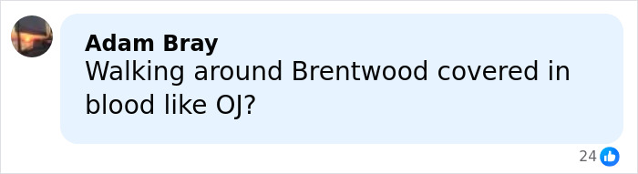 Comment by Adam Bray questioning if someone was walking around Brentwood covered in blood, referencing OJ Simpson case.