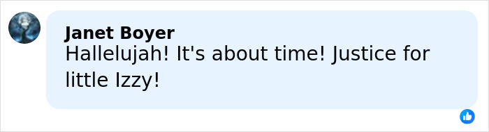 Facebook comment by Janet Boyer expressing relief and calling for justice related to Mom's chilling Google searches in a child slaying case.