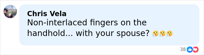 Comment on a social media post questioning non-interlaced fingers on a handhold between spouses, with thinking emojis.