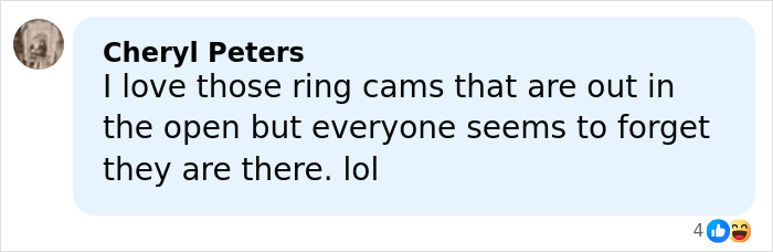 Facebook comment by Cheryl Peters discussing ring cams and privacy concerns in an outdoor setting. Facebook comment by Cheryl Peters discussing ring cams and privacy concerns in an outdoor setting.