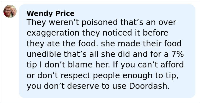 Screenshot of a social media comment defending a DoorDasher who allegedly pepper-sprayed food with a bizarre excuse. Screenshot of a social media comment defending a DoorDasher who allegedly pepper-sprayed food with a bizarre excuse.
