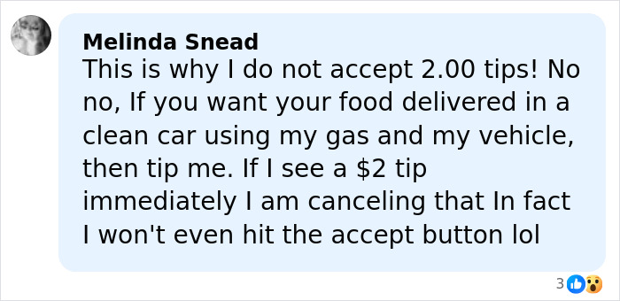 Commenter Melinda Snead explains refusing $2 tips for food delivery and canceling orders without proper gratuity. Commenter Melinda Snead explains refusing $2 tips for food delivery and canceling orders without proper gratuity.