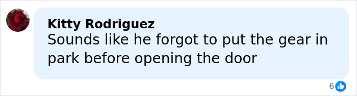 User comment about a McDonald's drive-thru accident, mentioning forgetting to put the gear in park before opening the door.