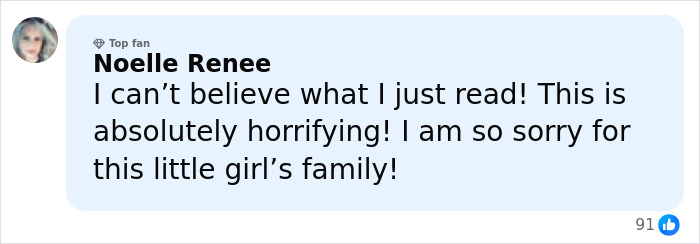 Comment from Noelle Renee expressing shock and sympathy for family after brutal attack on 14-year-old girl homicide case. Comment from Noelle Renee expressing shock and sympathy for family after brutal attack on 14-year-old girl homicide case.