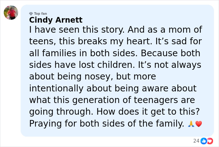 Comment by Cindy Arnett on social media expressing heartbreak over teens charged with homicide after brutal attack on 14YO girl. Comment by Cindy Arnett on social media expressing heartbreak over teens charged with homicide after brutal attack on 14YO girl.