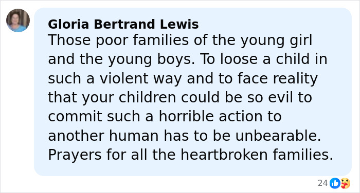 Facebook comment expressing sympathy for families affected by the homicide involving two teens after brutal attack on 14yo girl. Facebook comment expressing sympathy for families affected by the homicide involving two teens after brutal attack on 14yo girl.