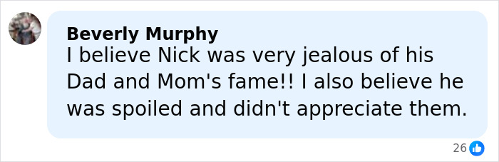 Comment by Beverly Murphy discussing Nick's jealousy and attitude towards his parents' fame and appreciation.