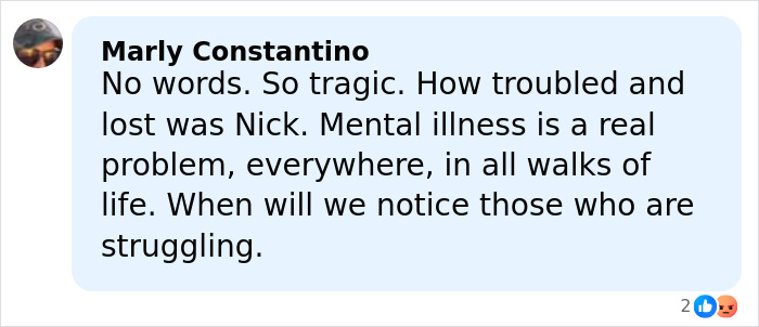 Comment by Marly Constantino about mental illness and struggles, referencing son as person of interest in LA home case.