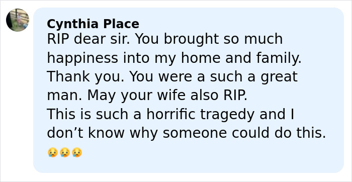 Comment expressing condolences over the tragedy involving Rob Reiner and wife, mentioning son as person of interest.