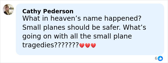 Comment by Cathy Pederson expressing shock about small plane tragedies before Greg Biffle&rsquo;s wife sent harrowing text.