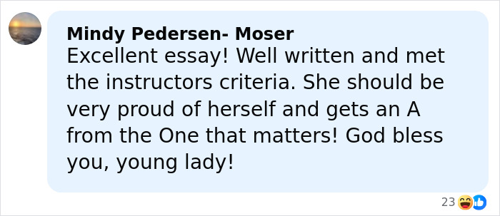 Comment praising a student's essay after a trans instructor failed the student who cited the Bible in a gender essay.